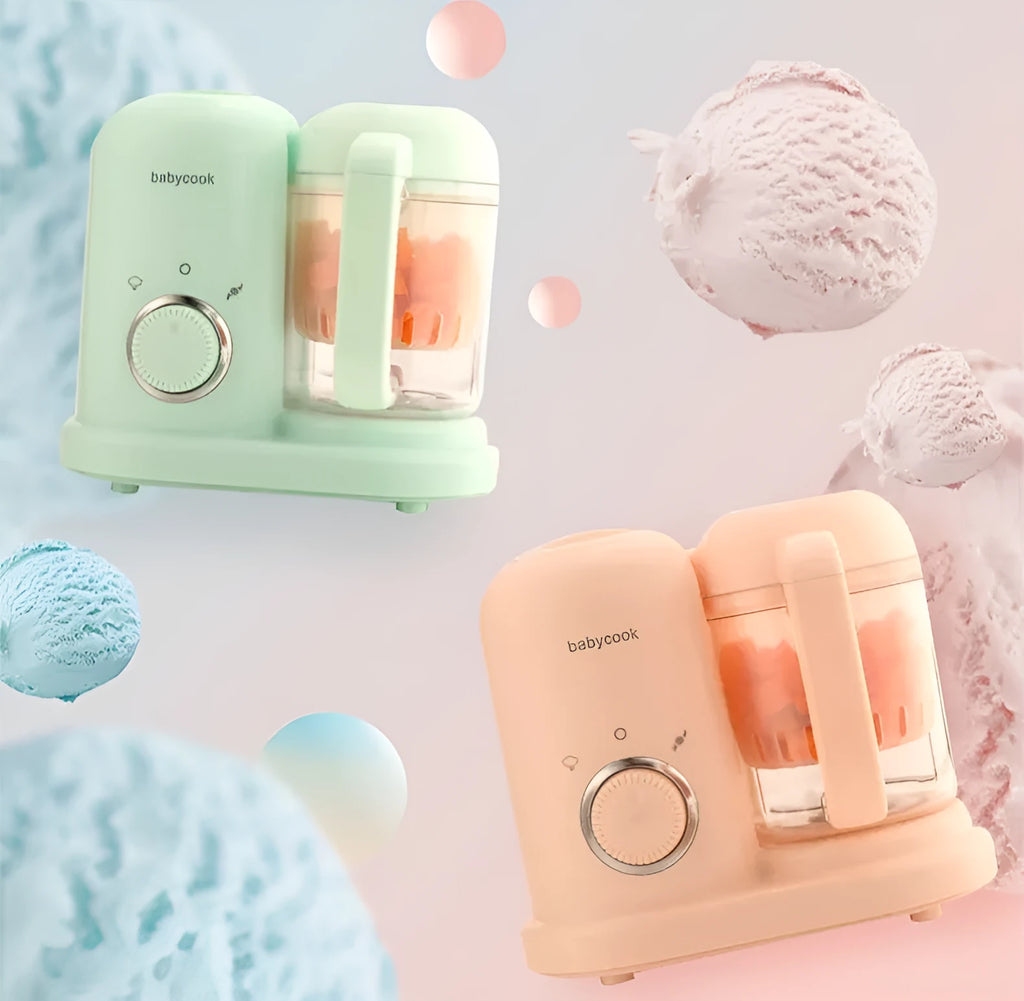Baby food processor with steamer and blender functions in green or pink colours