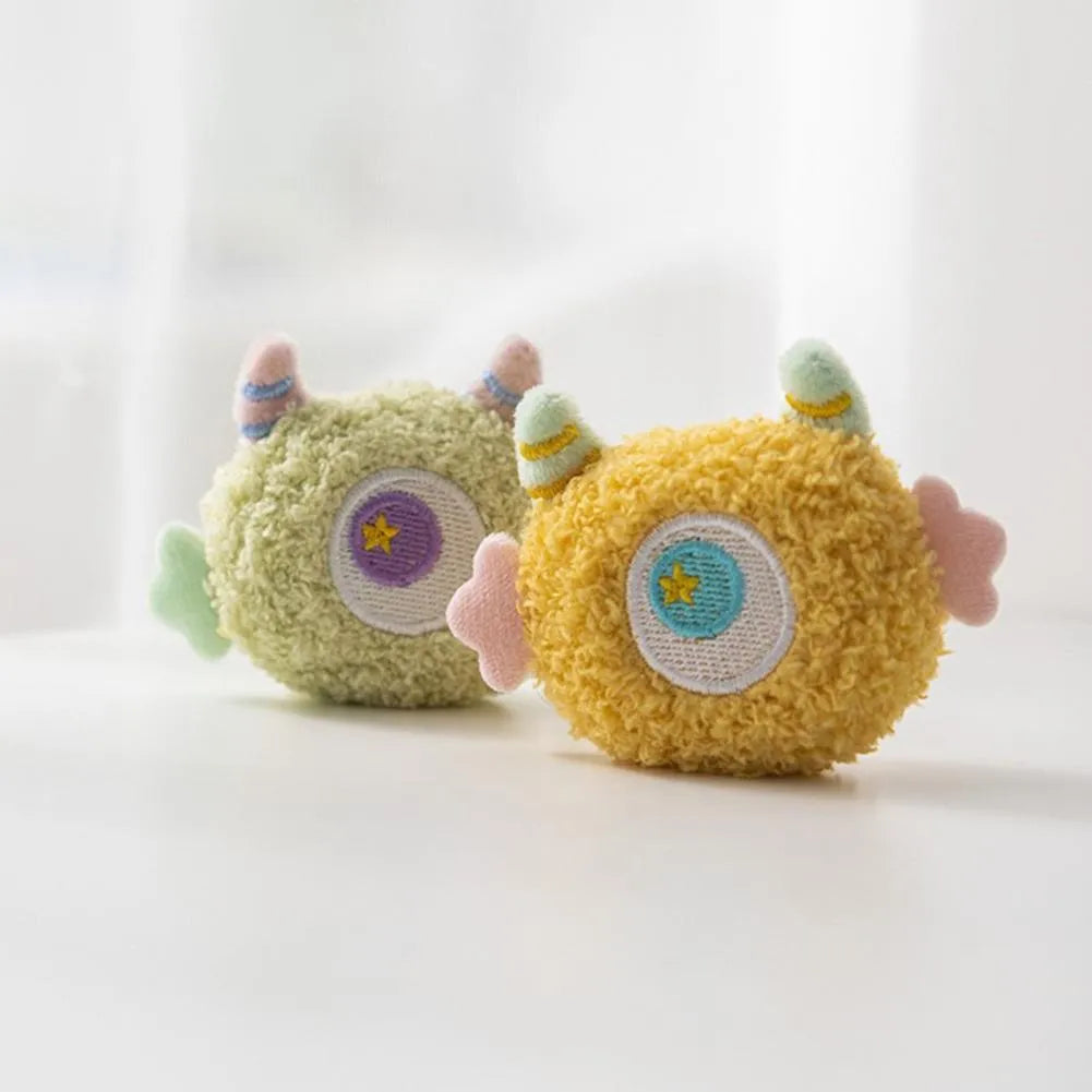 Cartoon-shaped plush dog chew toy with squeaky sound feature in multiple colour options