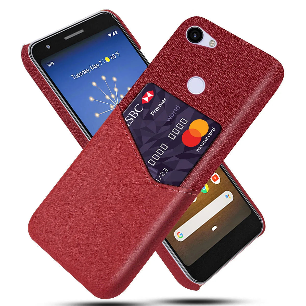 Genuine leather Google Pixel smartphone case in black, shown on a phone.