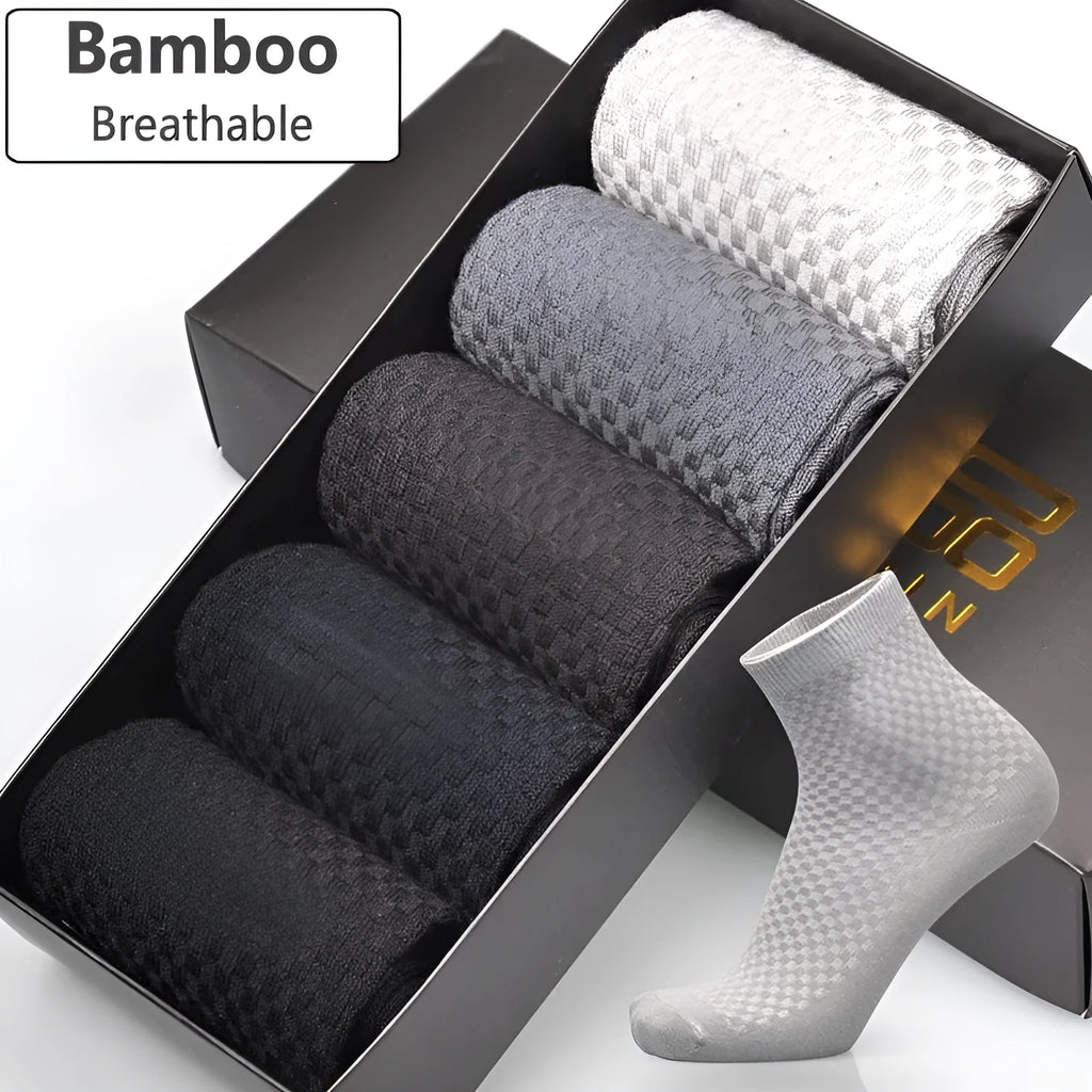 Men's bamboo fibre business socks in grey blue with a small square pattern.