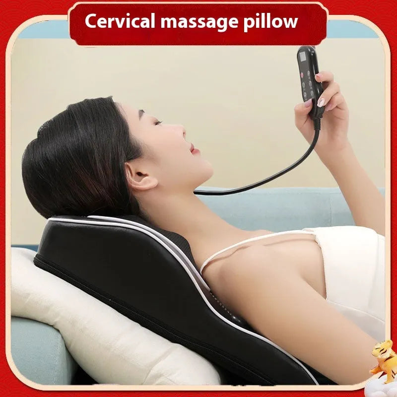 Heating electric magnetic therapy vibration massage pillow Deluxe Silver Grey edition with remote control on a chair