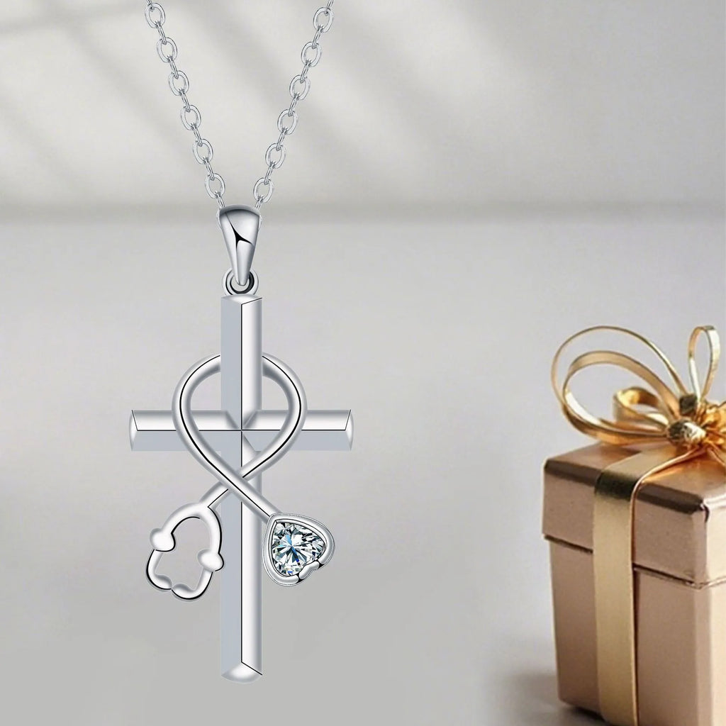 Women's cross stethoscope necklace with electroplated copper pendant and cross chain design