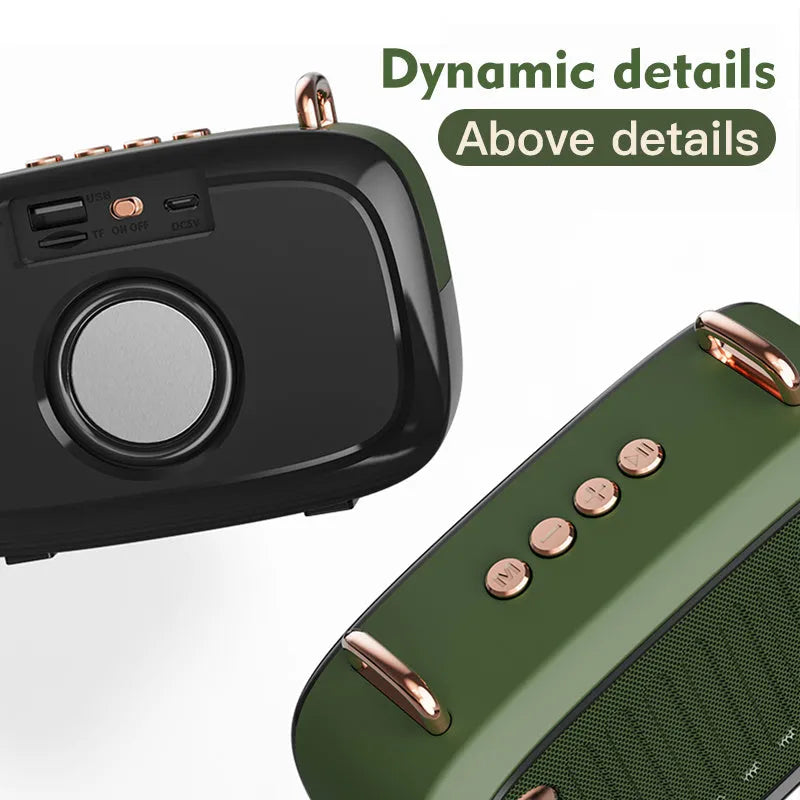 Compact portable black Bluetooth subwoofer speaker with USB port on a wooden table.