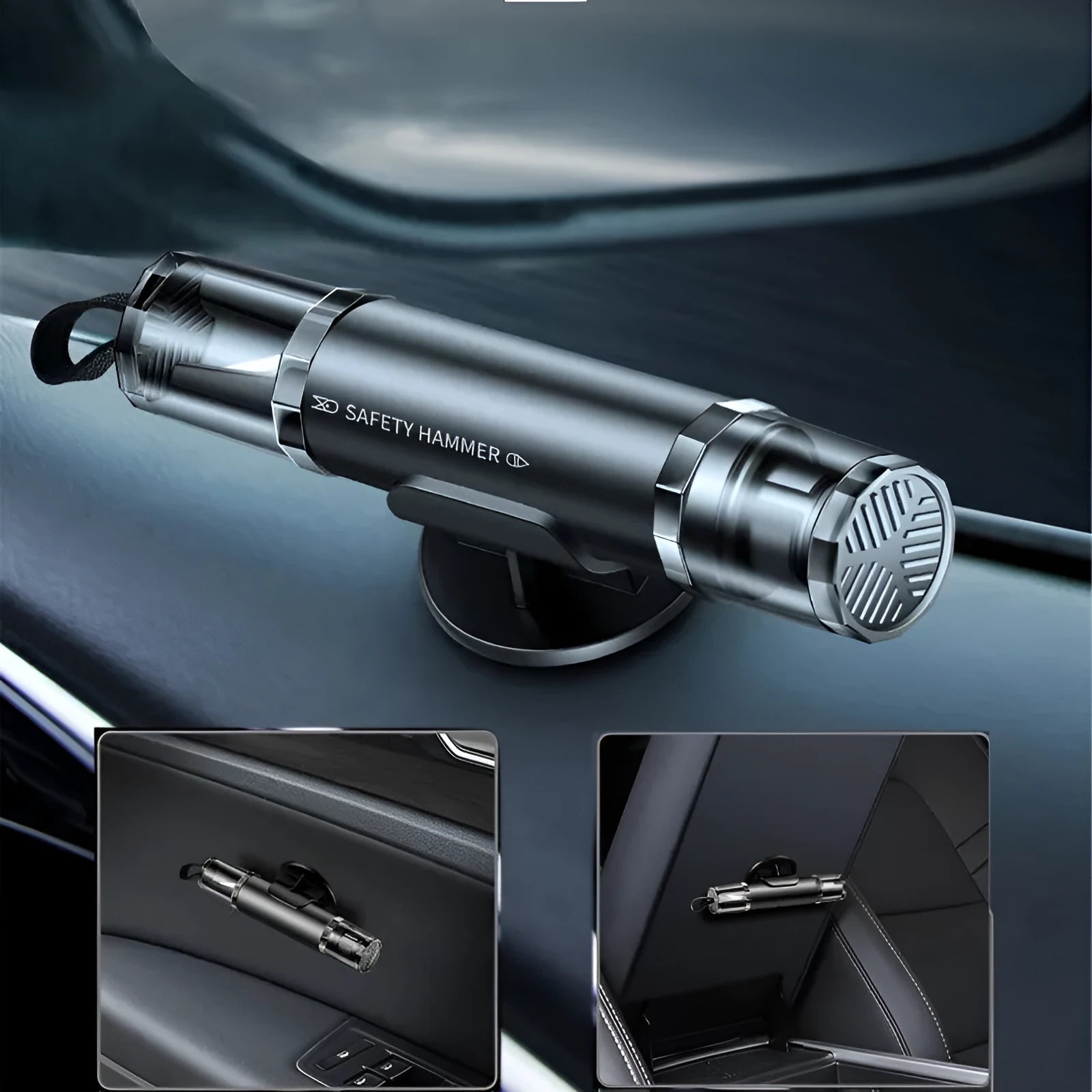 Black and red aluminium alloy car emergency hammer with tungsten steel tip and seat belt cutter on its mounting base.