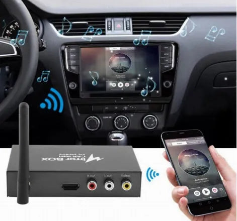 Black car mirror link box with Wi-Fi antenna for smartphone screen mirroring to vehicle display