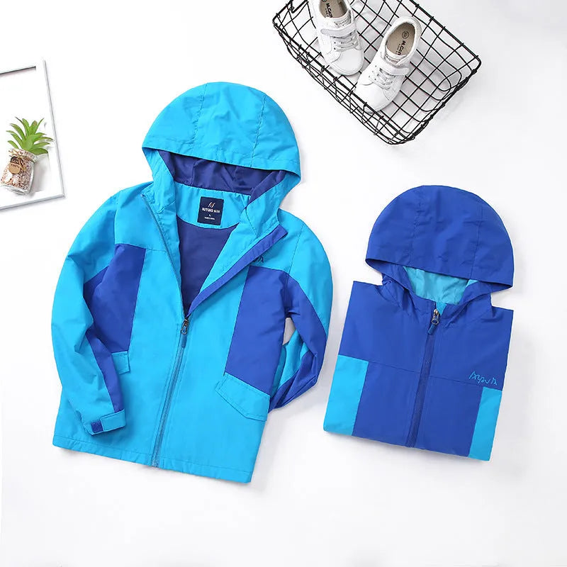 Boys' blue sanded acetate autumn jacket with zip front and long sleeves for big kids