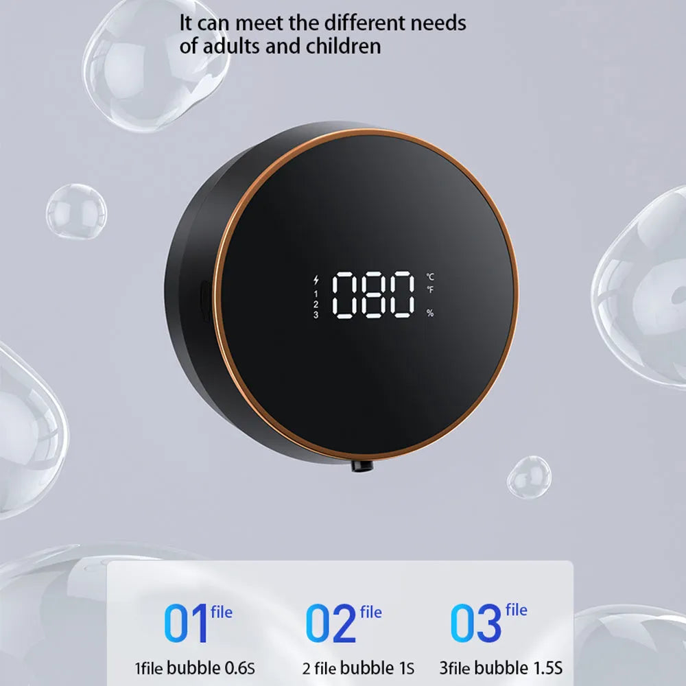 Black automatic sensing foam dispenser with USB charging port mounted on bathroom wall