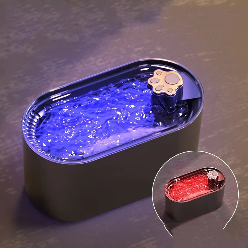 Blue automatic pet water fountain with 3-litre capacity, filtration system, and LED indicator light