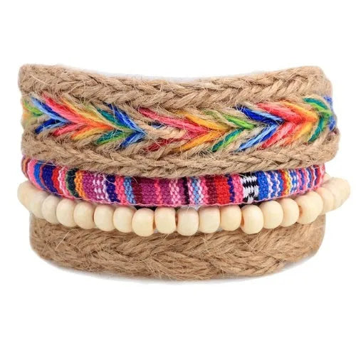Hand-woven adjustable leather punk bracelet with wooden beads on wrist