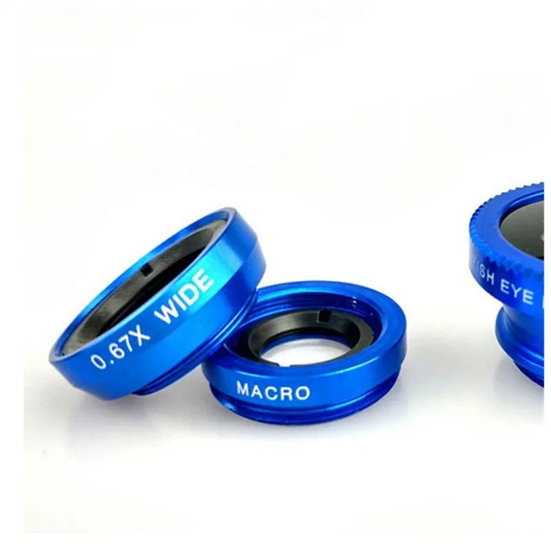 Black 3-in-1 smartphone lens kit showing fisheye lens, wide-angle macro lens, and universal clip on a table