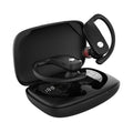 Black hanging ear wireless Bluetooth headset with LED digital display showing battery status