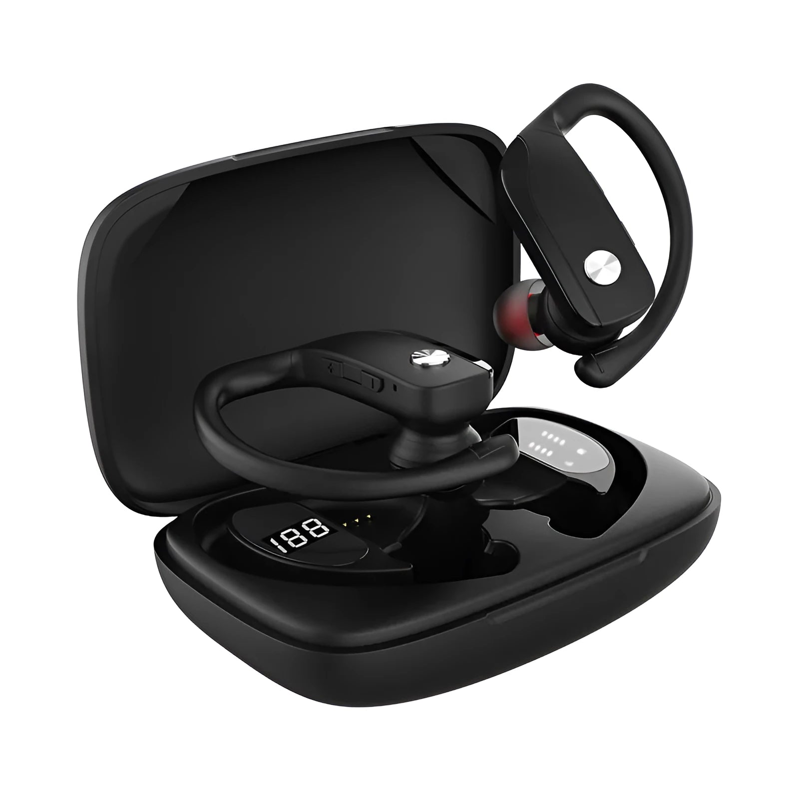 Black hanging ear wireless Bluetooth headset with LED digital display showing battery status