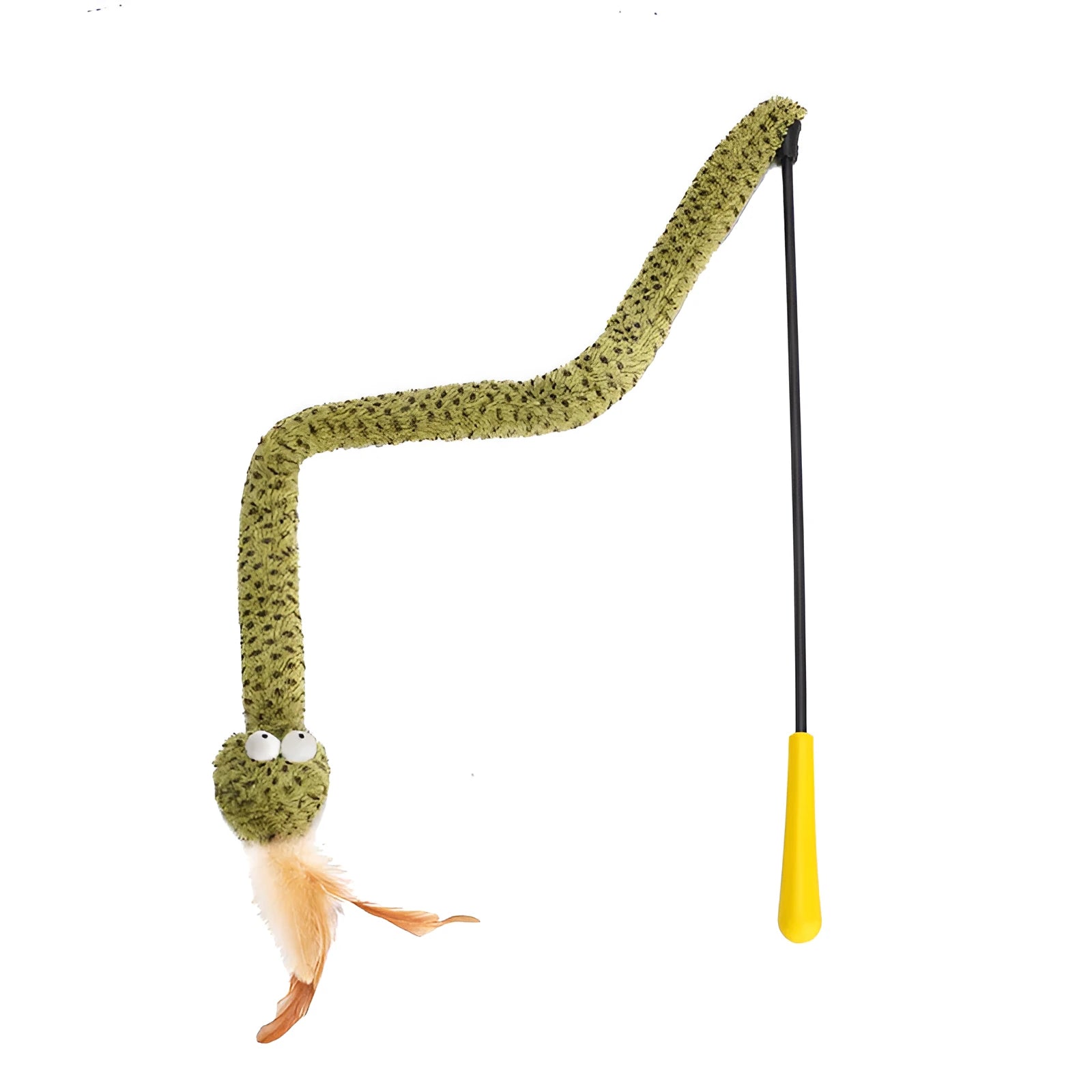 Green cat teasing stick with long pole and four feather toy attachments for interactive play.