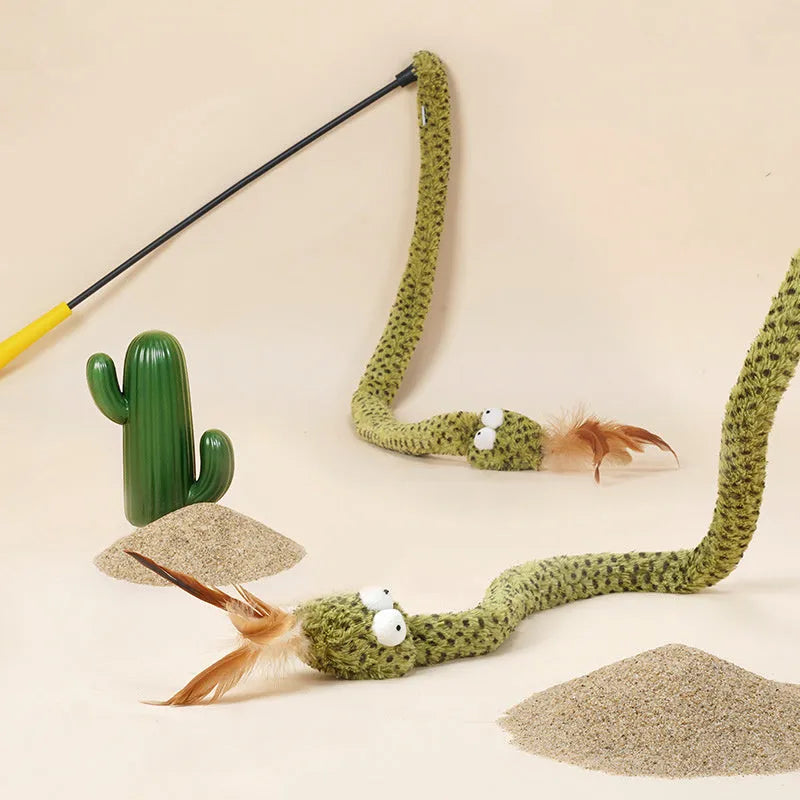 Green cat teasing stick with long pole and four feather toy attachments for interactive play.