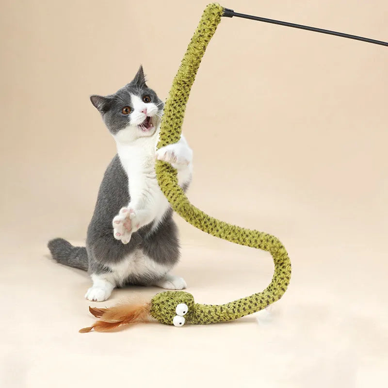 Green cat teasing stick with long pole and four feather toy attachments for interactive play.