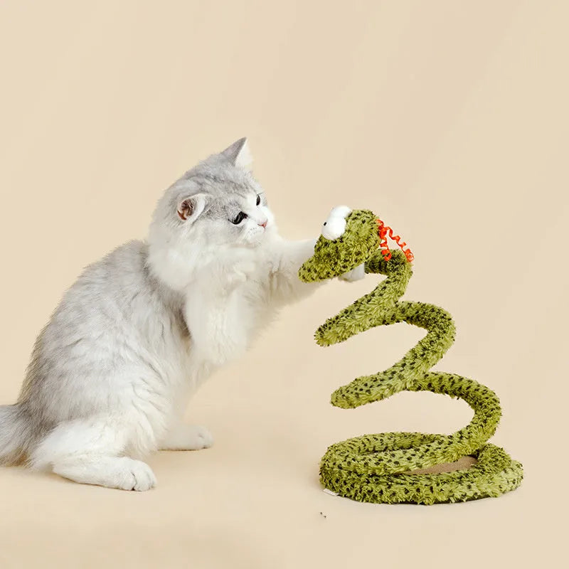 Green cat teasing stick with long pole and four feather toy attachments for interactive play.