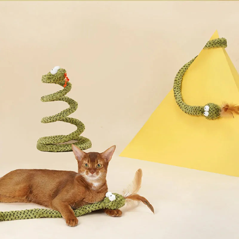 Green cat teasing stick with long pole and four feather toy attachments for interactive play.