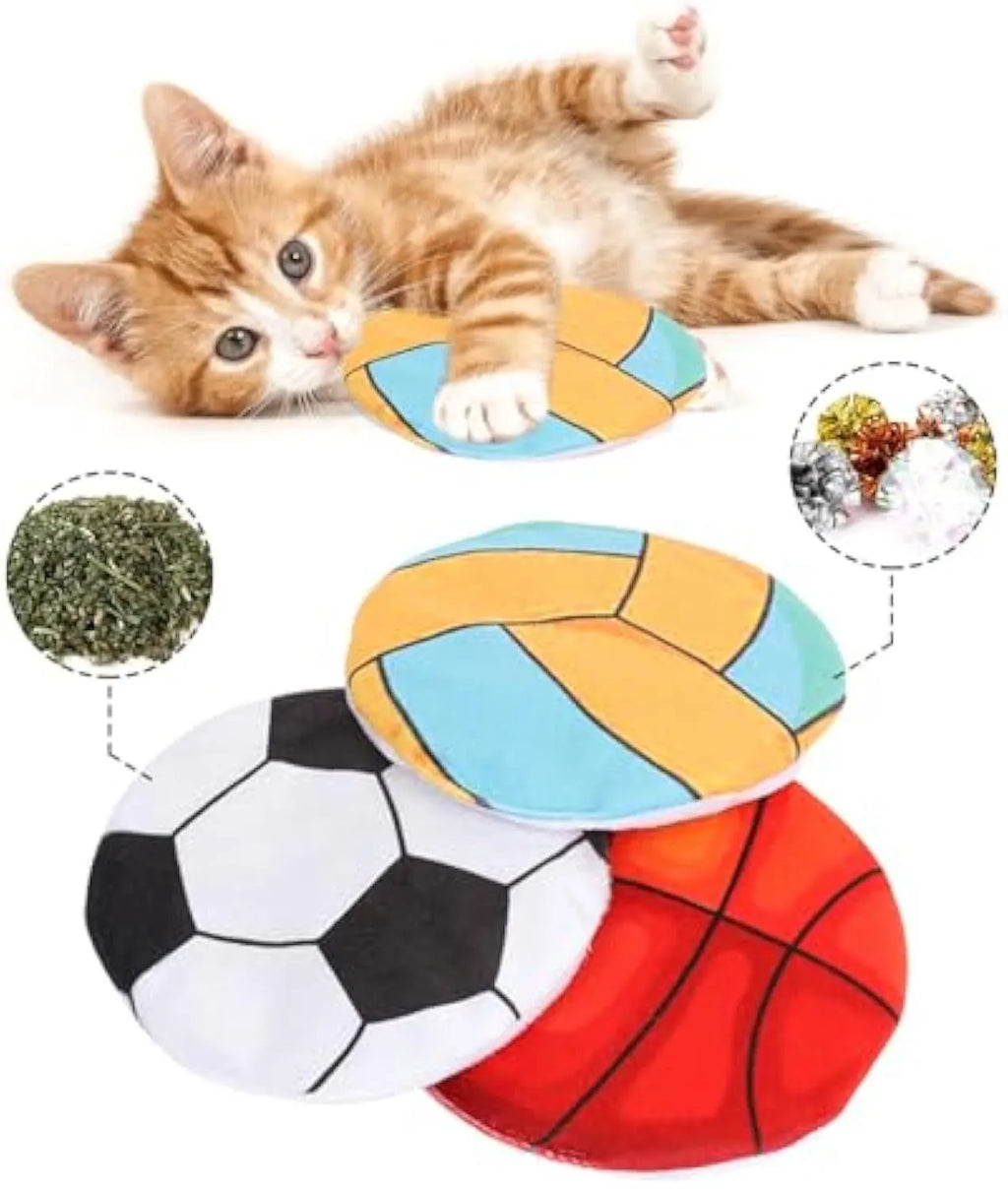 Cat toy disc with sports ball pattern measuring 5cm containing catnip and crinkle material