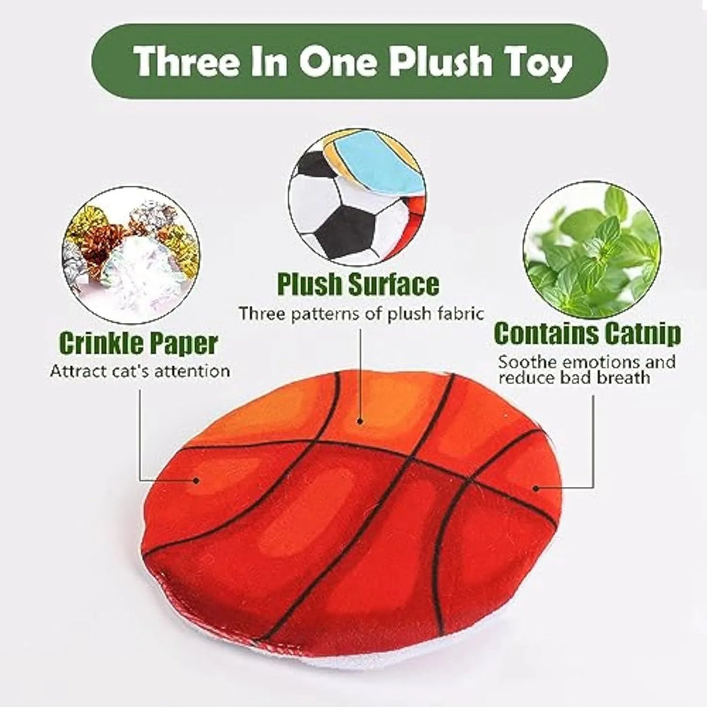 Cat toy disc with sports ball pattern measuring 5cm containing catnip and crinkle material