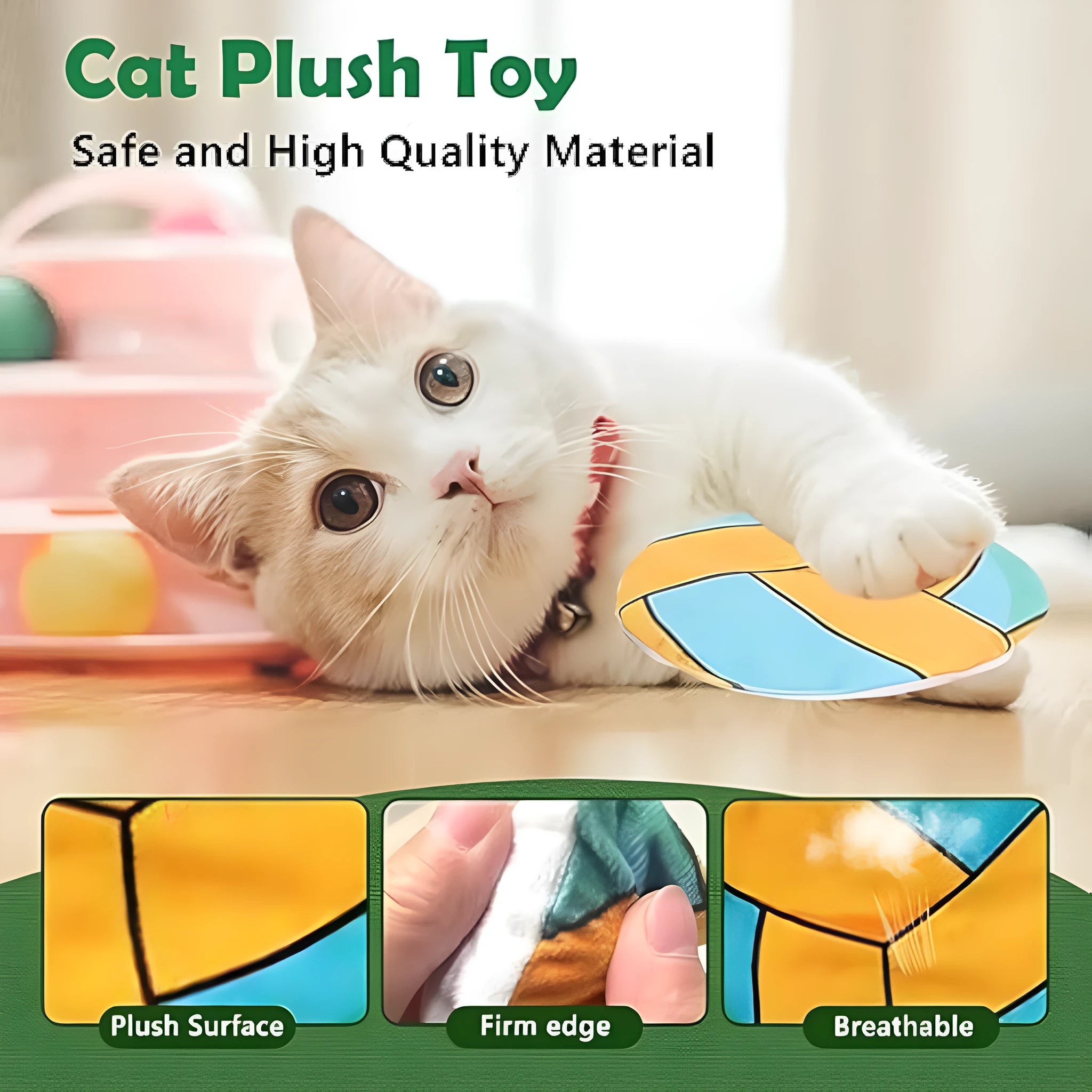 Cat toy disc with sports ball pattern measuring 5cm containing catnip and crinkle material