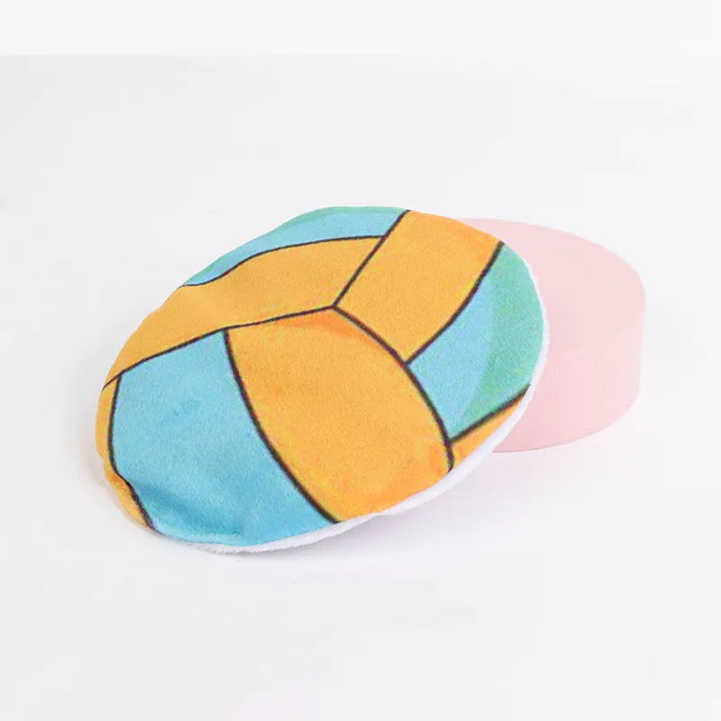 Cat toy disc with sports ball pattern measuring 5cm containing catnip and crinkle material