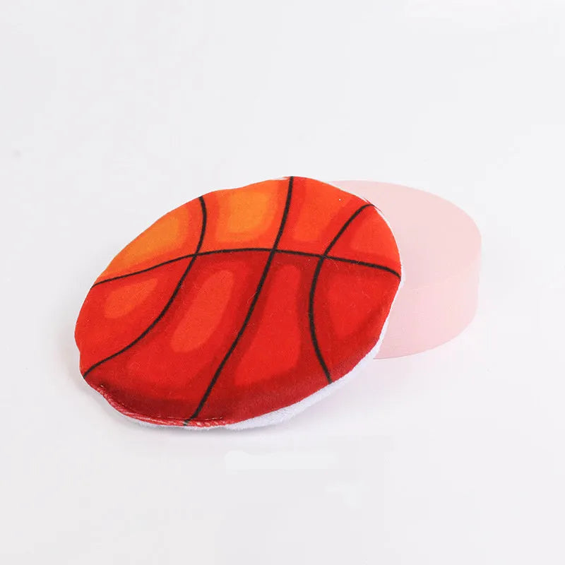 Cat toy disc with sports ball pattern measuring 5cm containing catnip and crinkle material