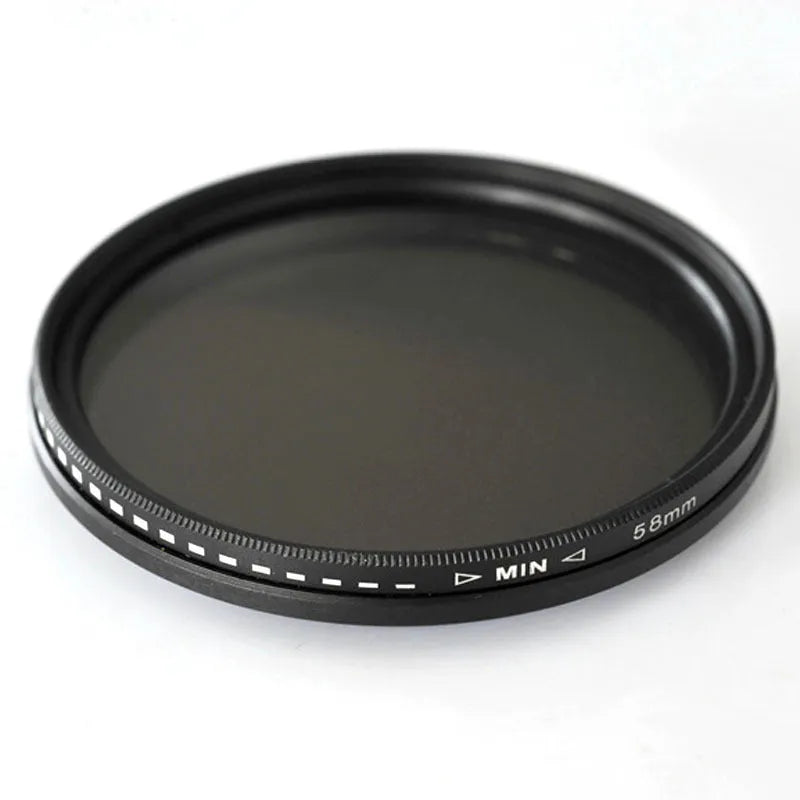 Set of neutral density camera lens filters in ND2, ND4, ND8, and ND400 with various thread sizes from 37mm to 95mm.