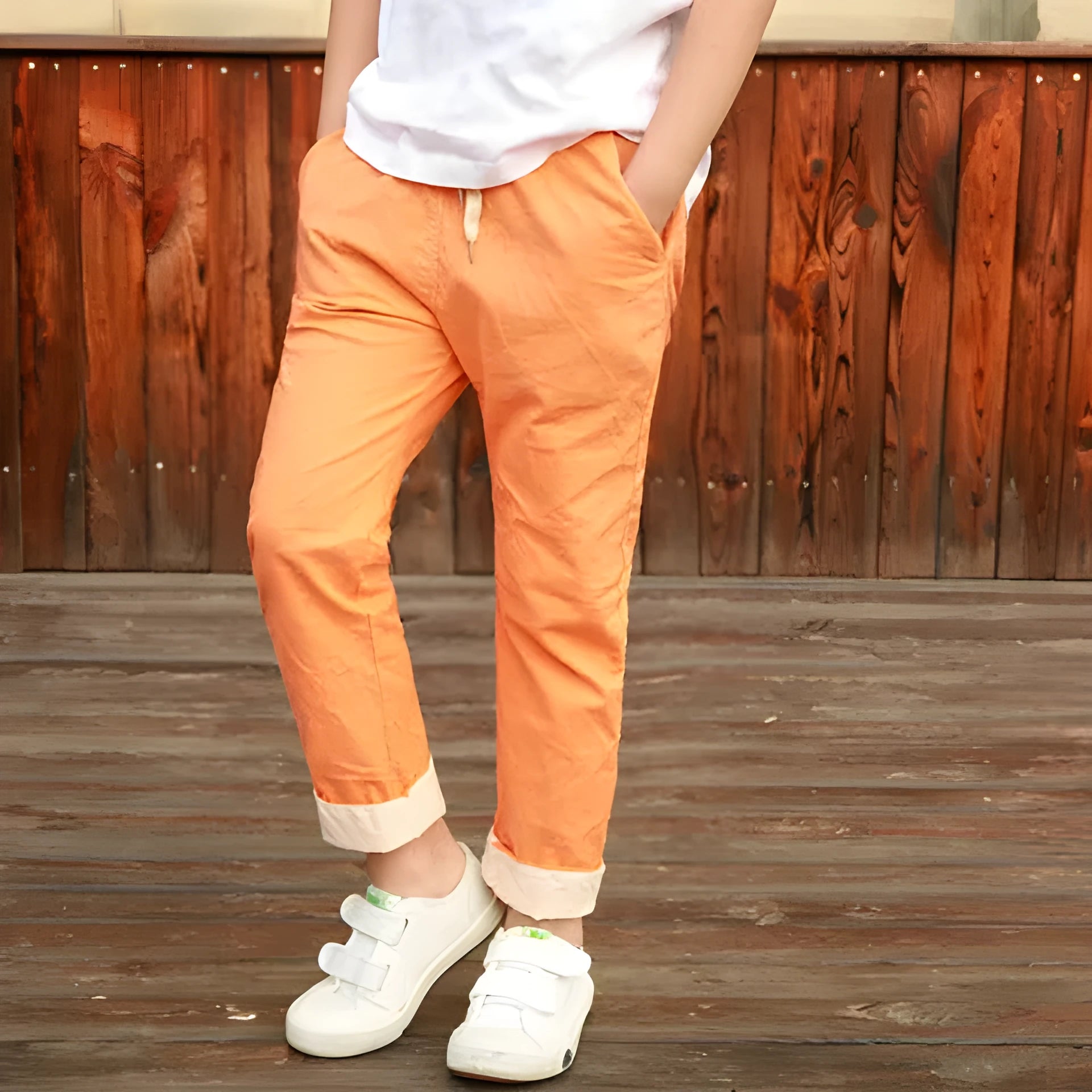 Orange cotton and linen cropped trousers for children with elastic waistband