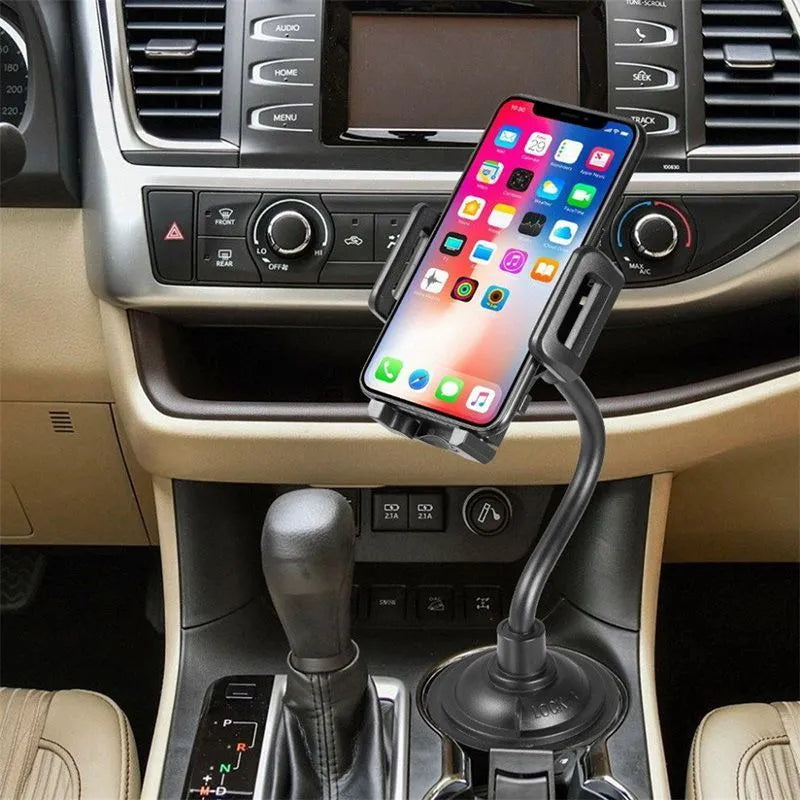 Black universal car-mount phone bracket showing adjustable side handles and a suction cup mount.