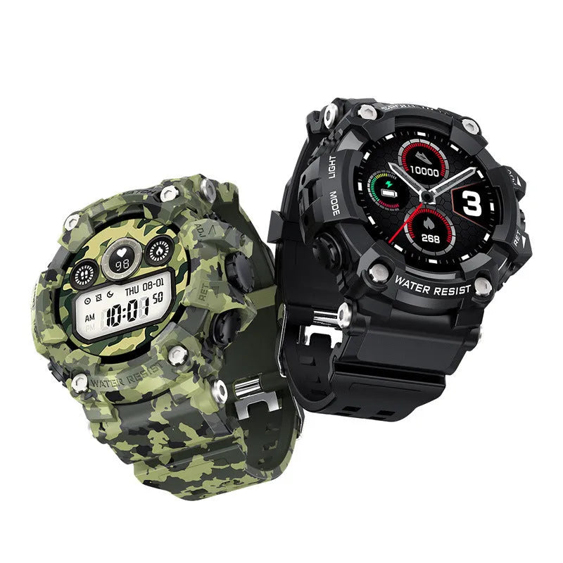 T6 Tactical Rugged Smart Watch with black or green anti-sweat strap on wrist, showing 1.3-inch screen.