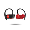 Wireless V5.0 Bluetooth in-ear headphones in black, grey, and red colours showing ergonomic design.