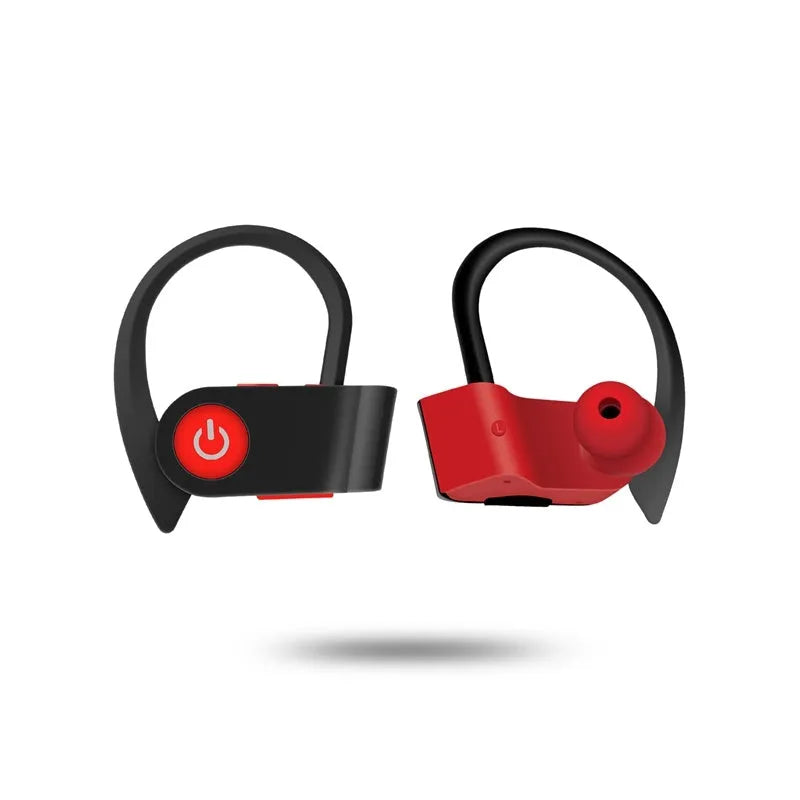 Wireless V5.0 Bluetooth in-ear headphones in black, grey, and red colours showing ergonomic design.