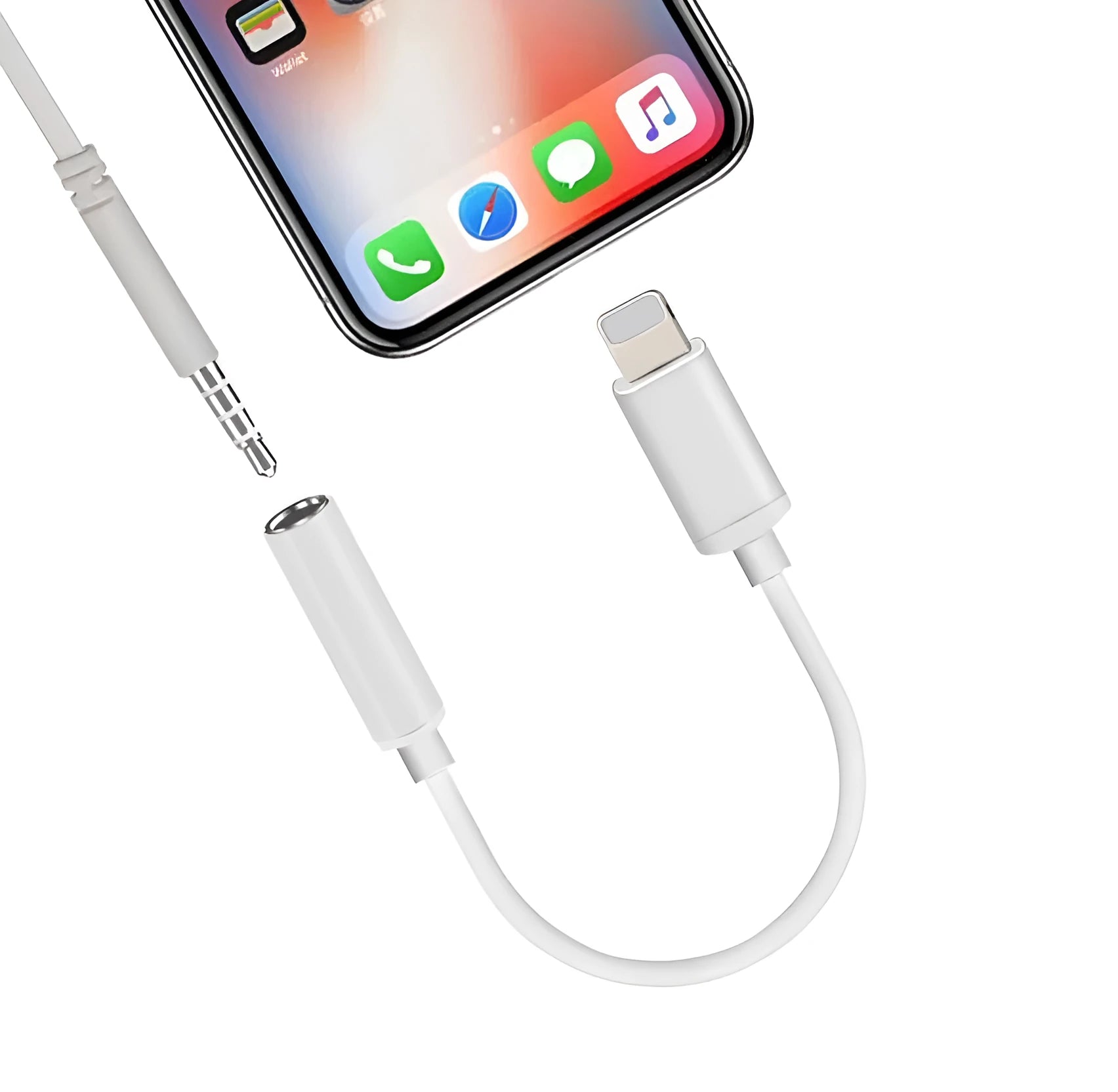 White Lightning to 3.5mm audio adapter for iPhone 7 and compatible models.