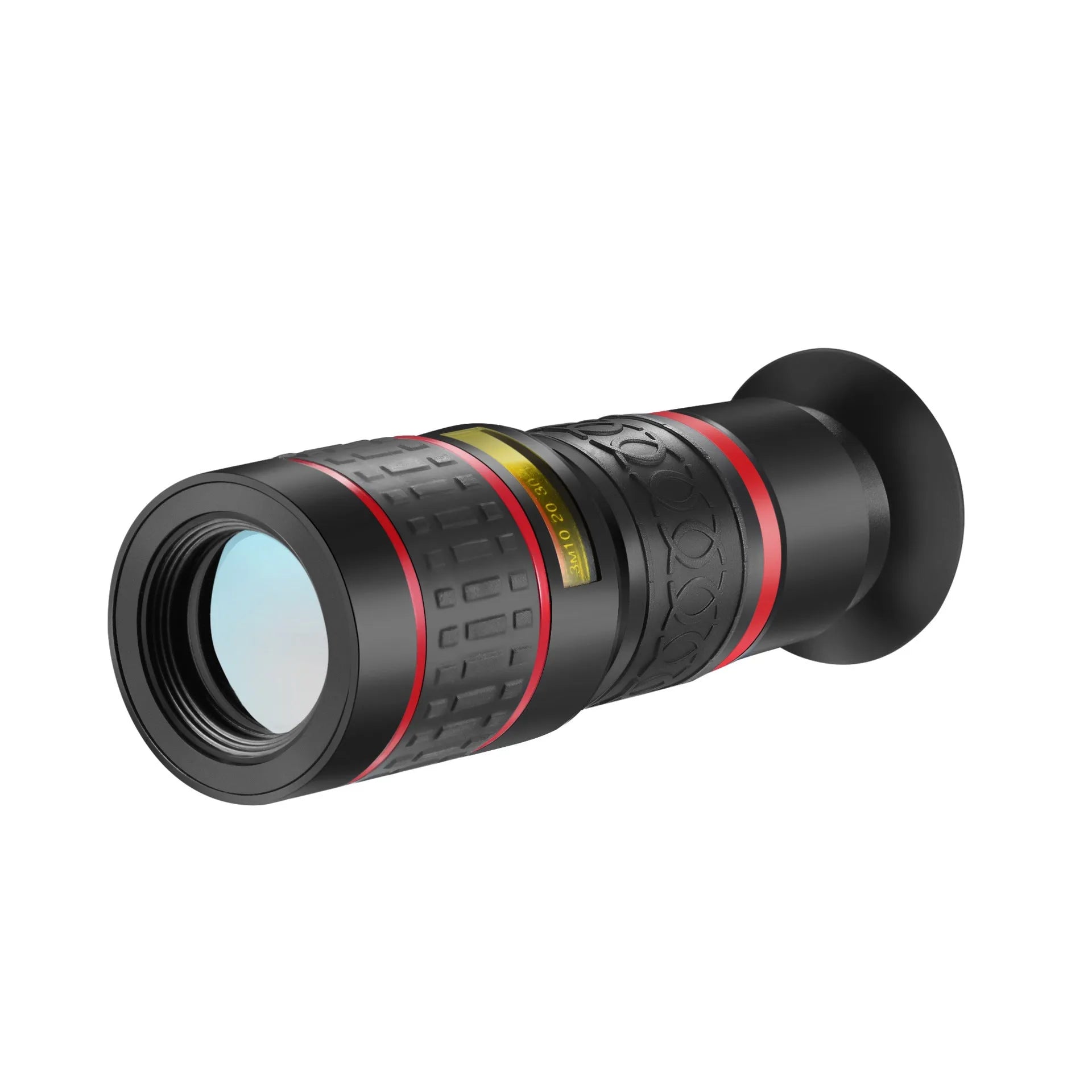 20x magnification mobile phone telescope with universal mounting clip and single eye mask on a white background