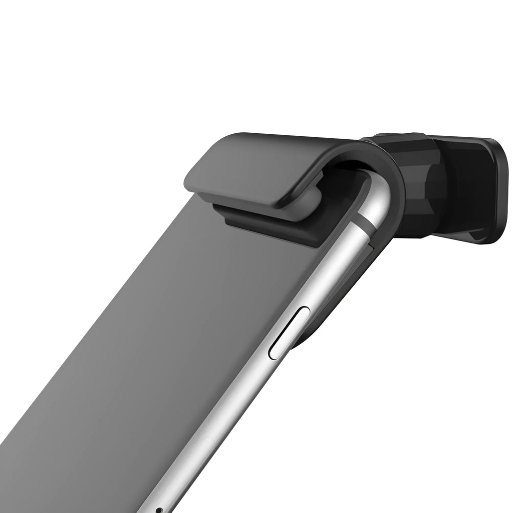 Black 360-degree rotating car phone holder mounted on a car air vent, showing a mobile phone secured in the cradle