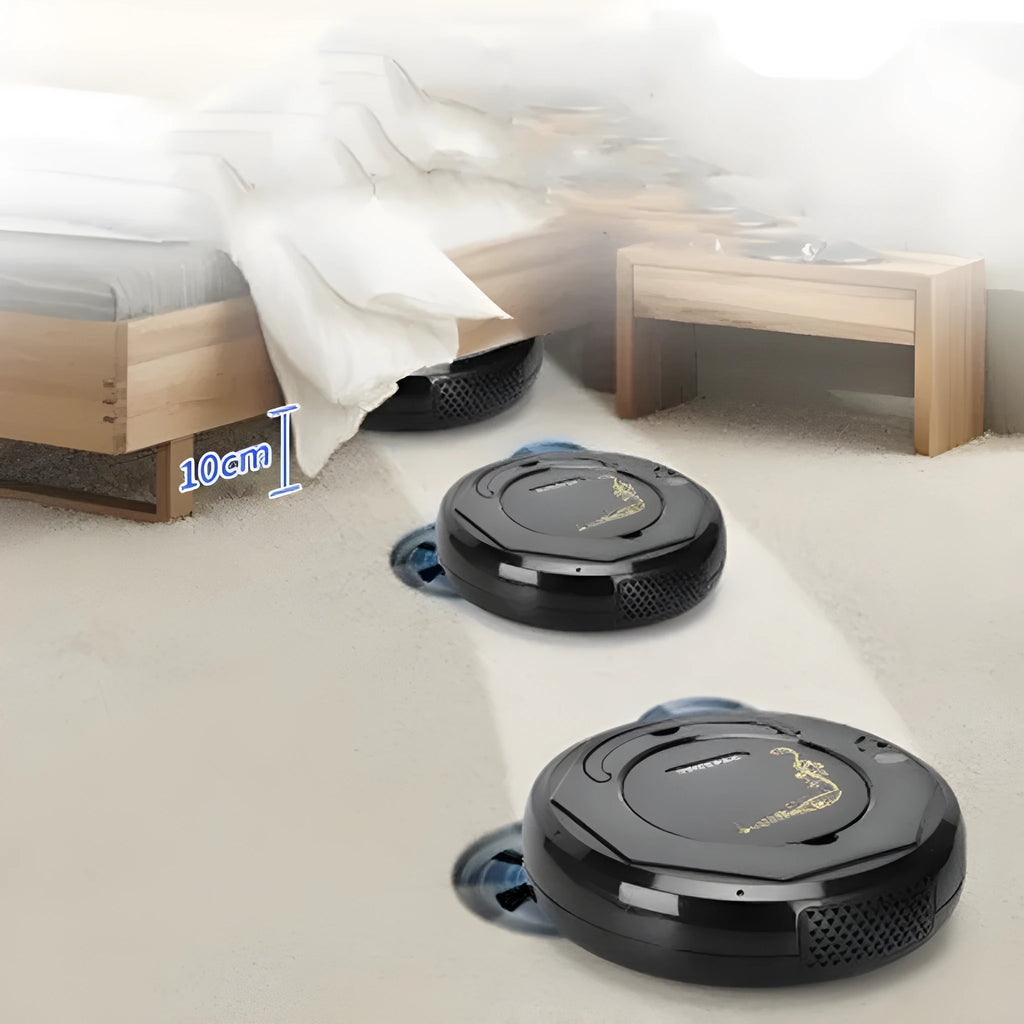 Lazy Smart floor sweeping robot vacuum cleaner in blue, black, or white colour on a hard tile floor