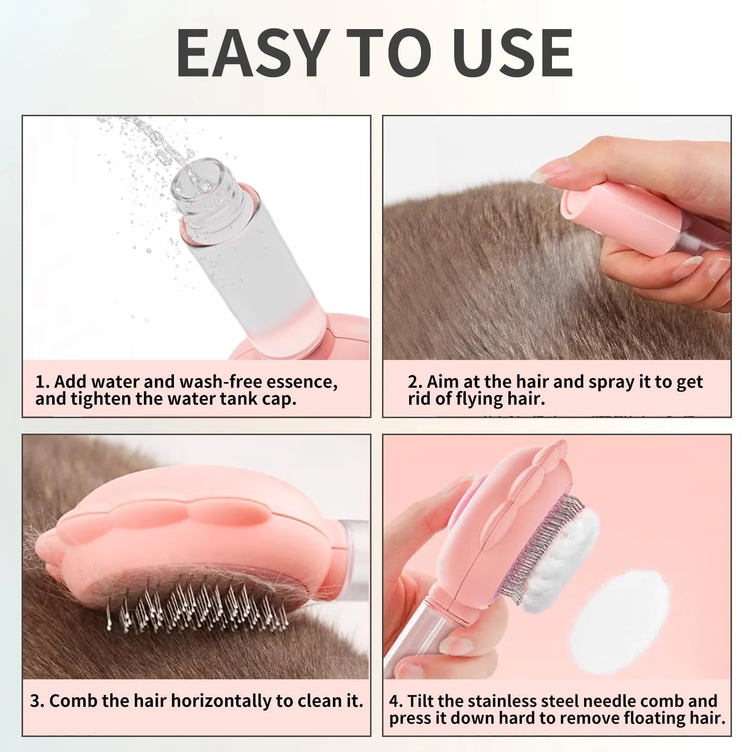 Self-cleaning spray cat brush with release button in grey, green, or pink colours for pet grooming