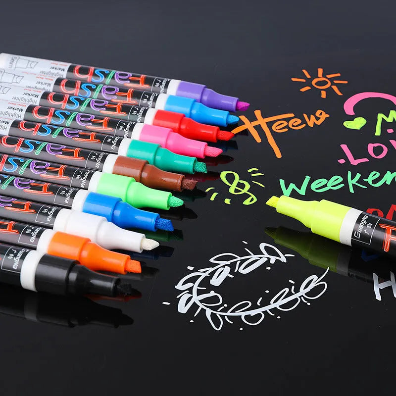 Electronic fluorescent board highlighter with oblique plastic body and 6mm tip, shown with multi-colour refills.