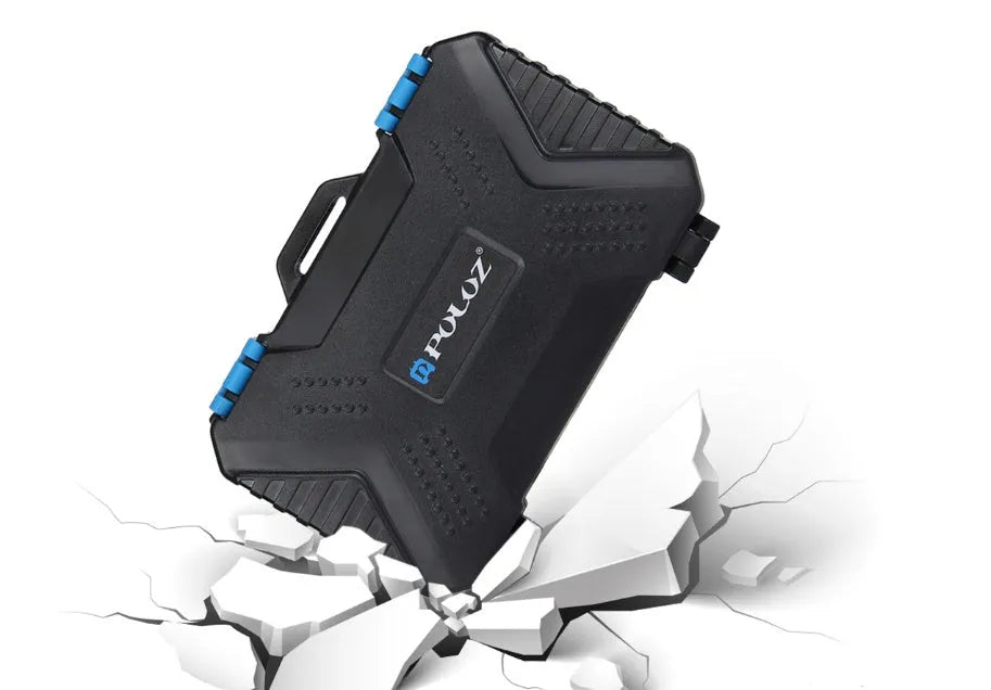 Black waterproof memory card case open showing compartments for CF SD TF SIM cards