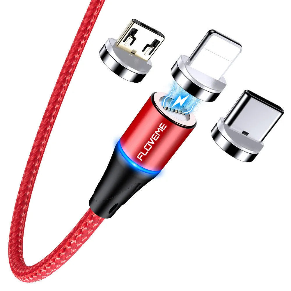 Magnetic data cable with LED side lights in black, red, or silver colour, compatible with Apple iPhone, Android, and Type-C devices