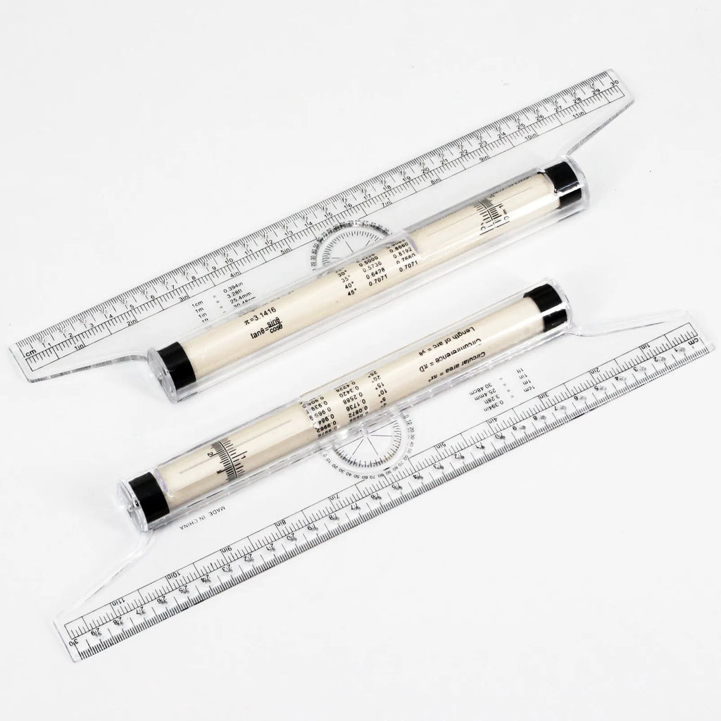 30cm plastic rolling ruler with multifunctional drawing features including rollers, angle rapporteur, and hole line guide