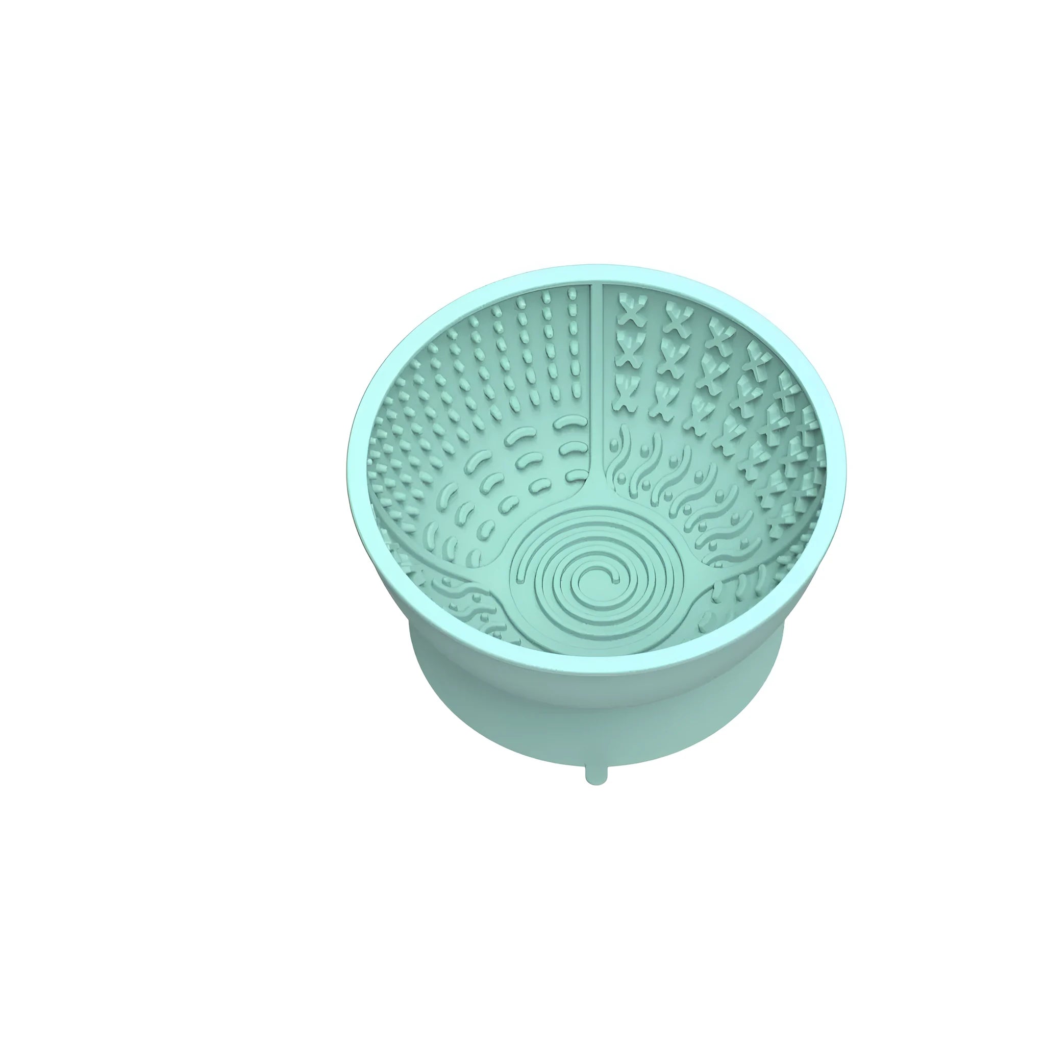 Cyan silicone dog licking mat bowl with suction cup base on a floor