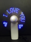 White handheld mini fan with blue and red LED flashing I love you pattern, showing dimensions.