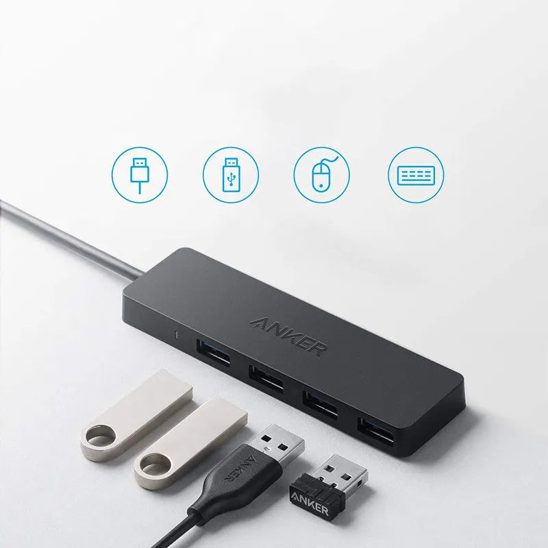 Black Anker 4-port USB 3.0 data hub with attached cable, showing four USB Type-A ports.