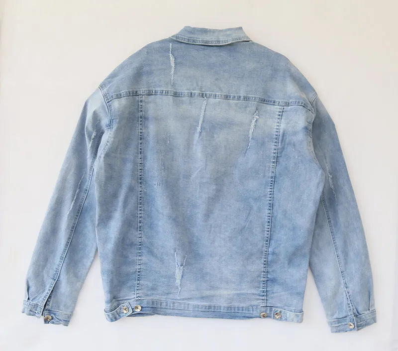 Light blue loose fit cotton men's coat with batwing sleeves and patch pockets