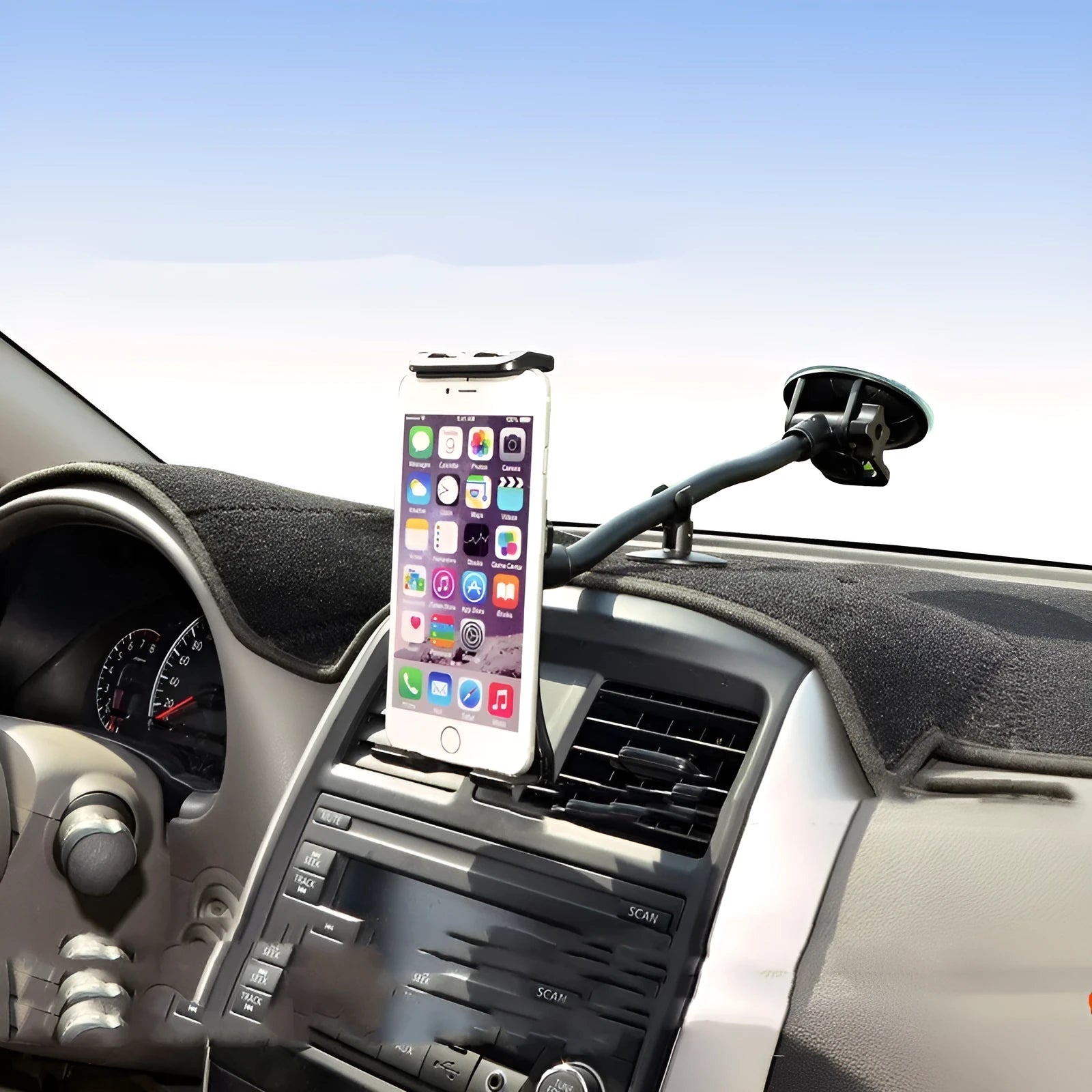 Black universal car tablet holder with long arm and suction cup mount for 4-12 inch devices.