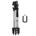 White aluminium alloy compact portable camera tripod with 4-section legs and PTZ set, folded for travel