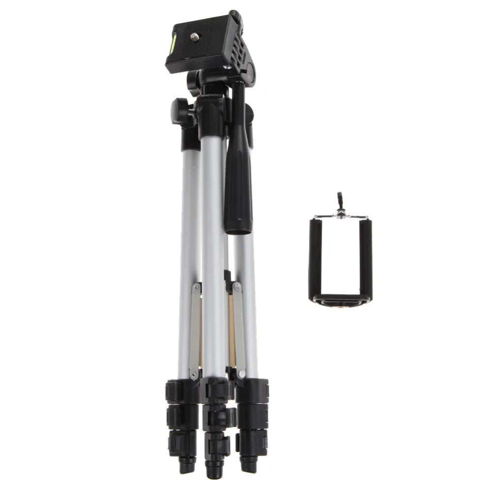 White aluminium alloy compact portable camera tripod with 4-section legs and PTZ set, folded for travel