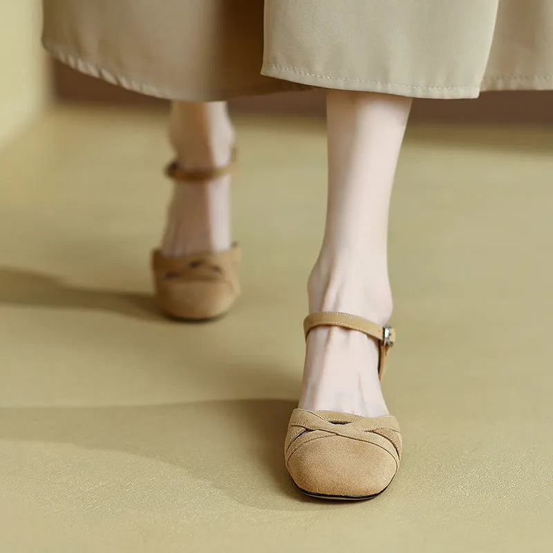 Apricot and green Roman sandals with buckle fastening and round toe design on rubber sole