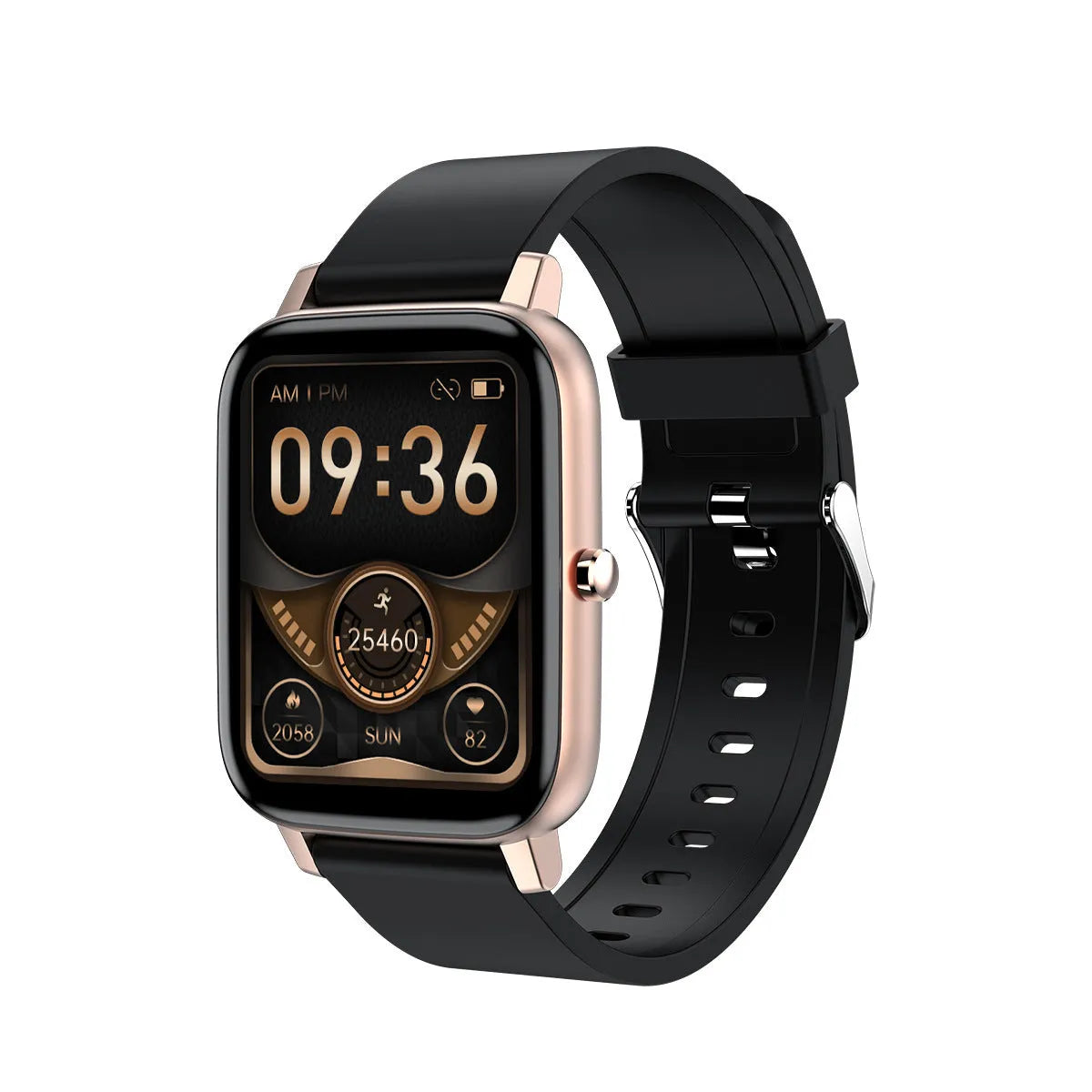 H80 sports smart watch with black silicone strap showing health metrics on a 1.69-inch spherical glass touchscreen.